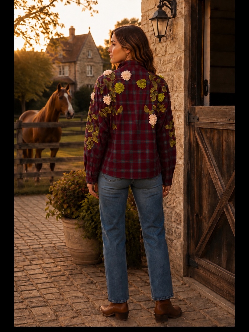 Beulah Floral Appliqué Plaid Shirt Oversized Western Cottagecore Top - Picture 6 of 13